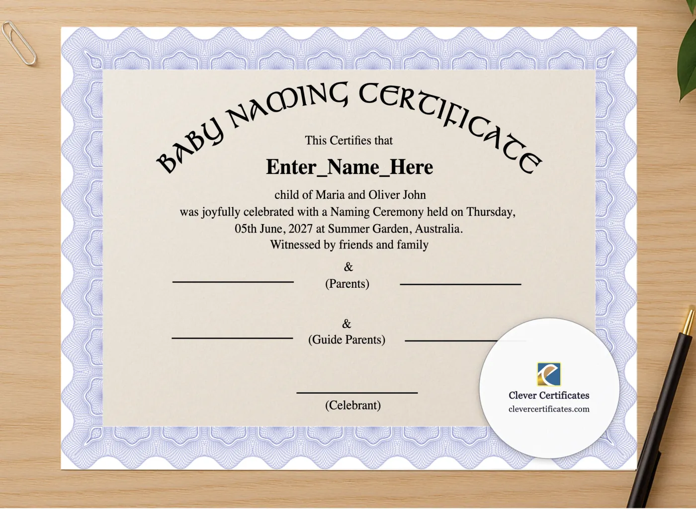 Professional preview of Australia Baby Naming Certificate certificate on high-quality stationery paper, ideal for showcasing the final look.