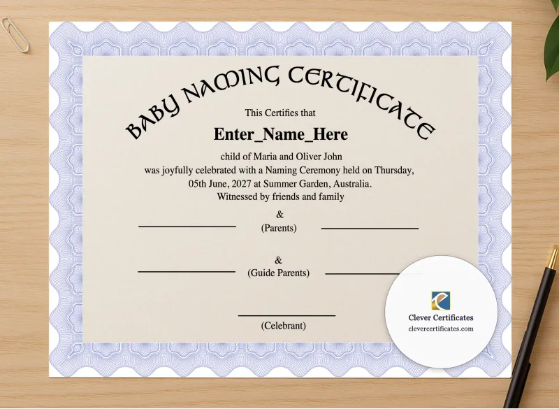 Professional preview of Australia Baby Naming Certificate certificate on high-quality stationery paper, ideal for showcasing the final look.