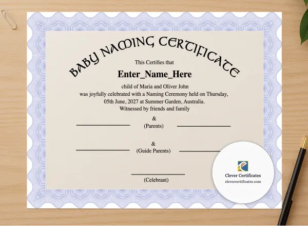 Professional preview of Australia Baby Naming Certificate certificate on high-quality stationery paper, ideal for showcasing the final look.