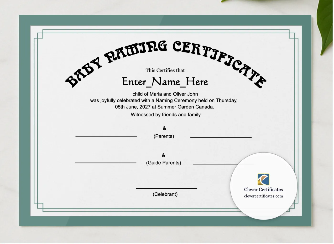 Canada Baby Naming Certificate presented in a sleek wooden frame, elegantly arranged on a stylish table.