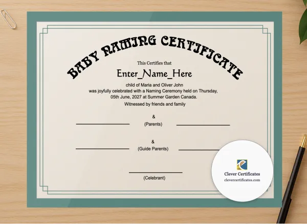 Professional preview of Canada Baby Naming Certificate certificate on high-quality stationery paper, ideal for showcasing the final look.