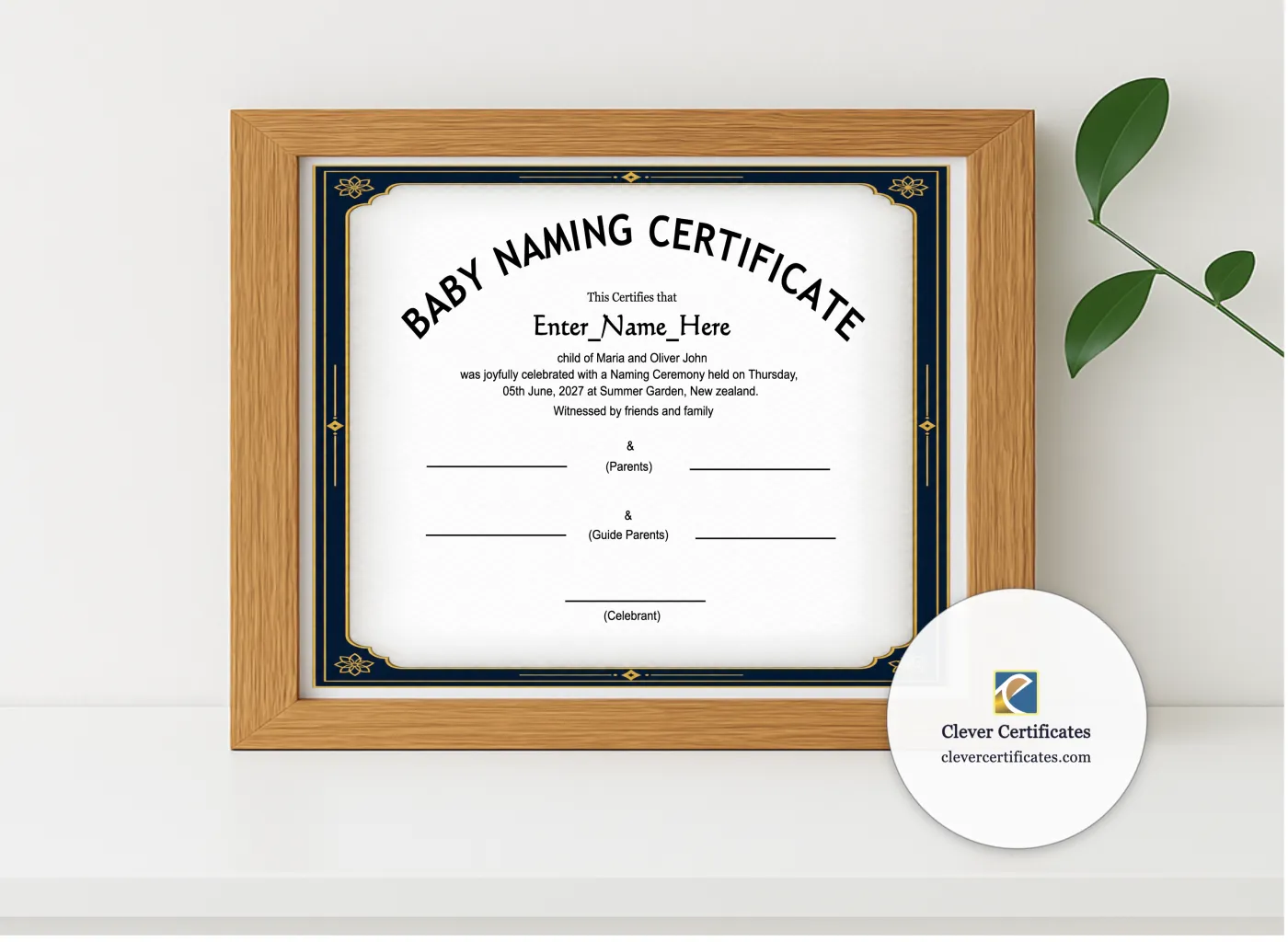 Realistic mockup featuring New Zealand Baby Naming Certificate displayed within a modern frame, set against a minimalistic background.