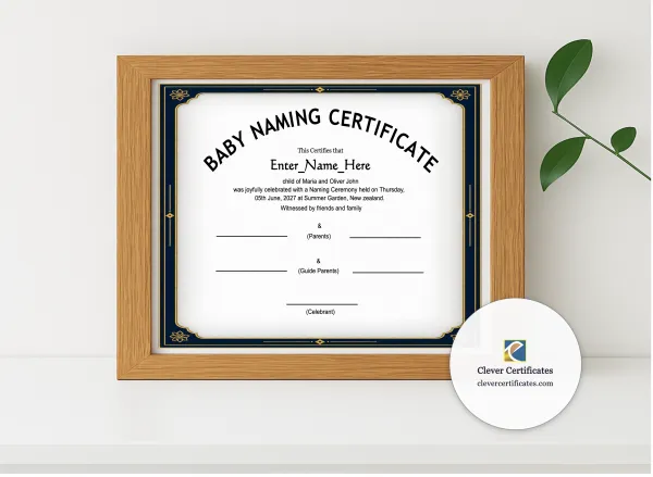 Realistic mockup featuring New Zealand Baby Naming Certificate displayed within a modern frame, set against a minimalistic background.