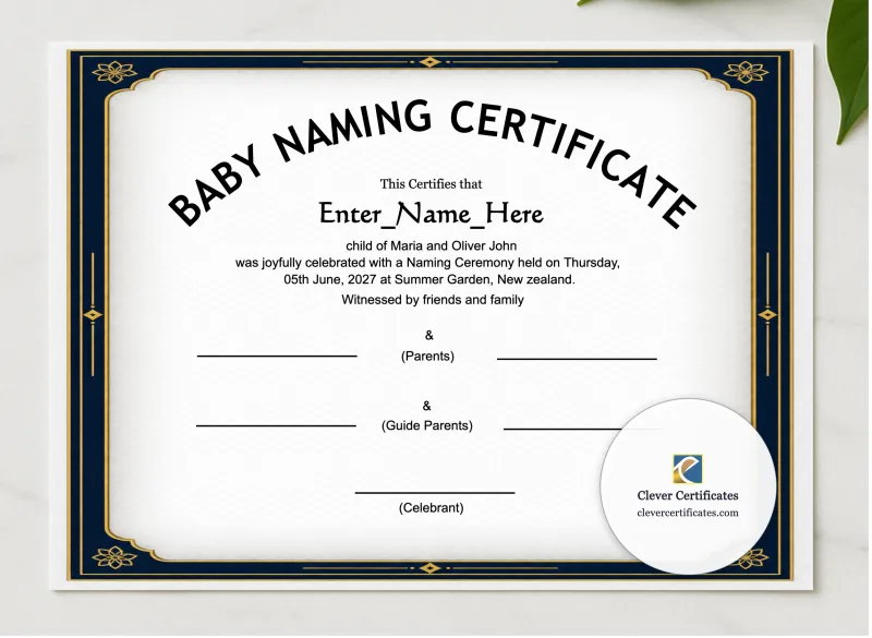 New Zealand Baby Naming Certificate presented in a sleek wooden frame, elegantly arranged on a stylish table.