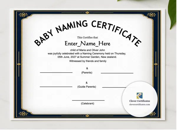 New Zealand Baby Naming Certificate presented in a sleek wooden frame, elegantly arranged on a stylish table.