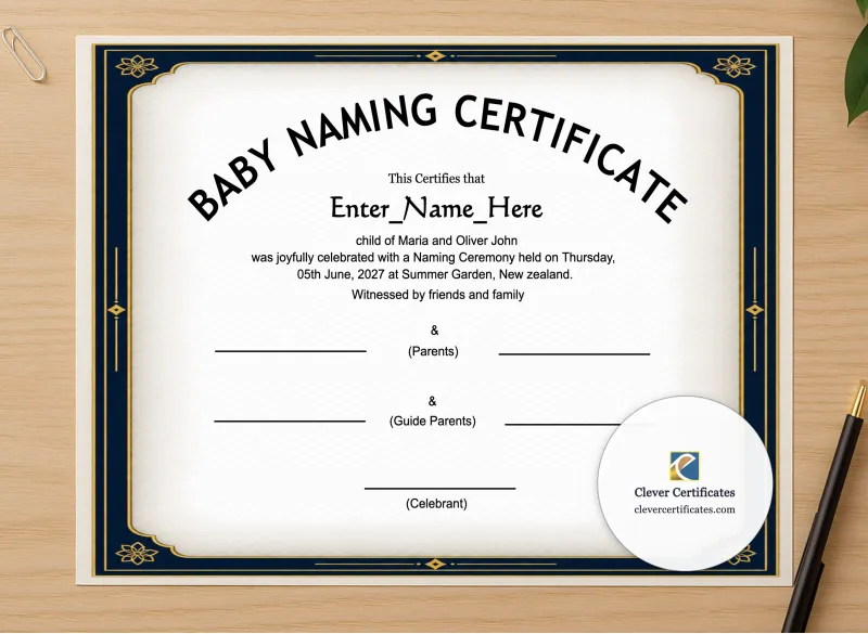 Professional preview of New Zealand Baby Naming Certificate certificate on high-quality stationery paper, ideal for showcasing the final look.