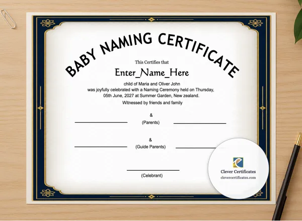 Professional preview of New Zealand Baby Naming Certificate certificate on high-quality stationery paper, ideal for showcasing the final look.