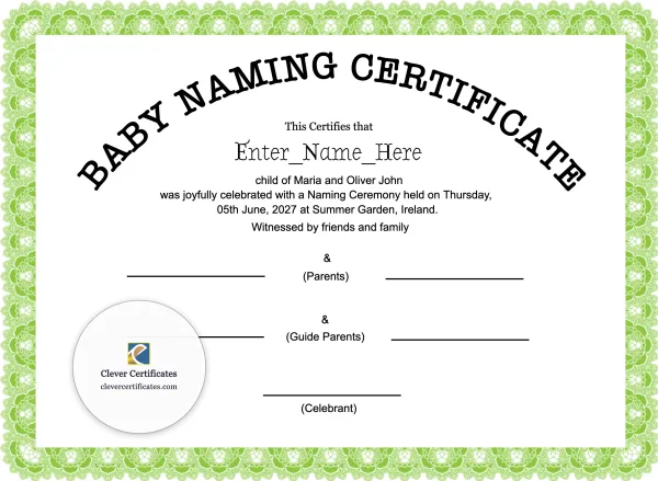 Free Irish Baby Naming Certificate