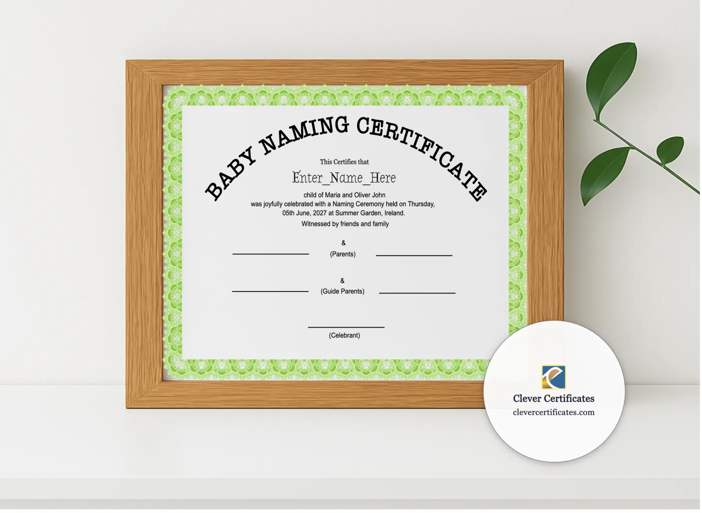 Realistic mockup featuring Ireland Baby Naming Certificate displayed within a modern frame, set against a minimalistic background.