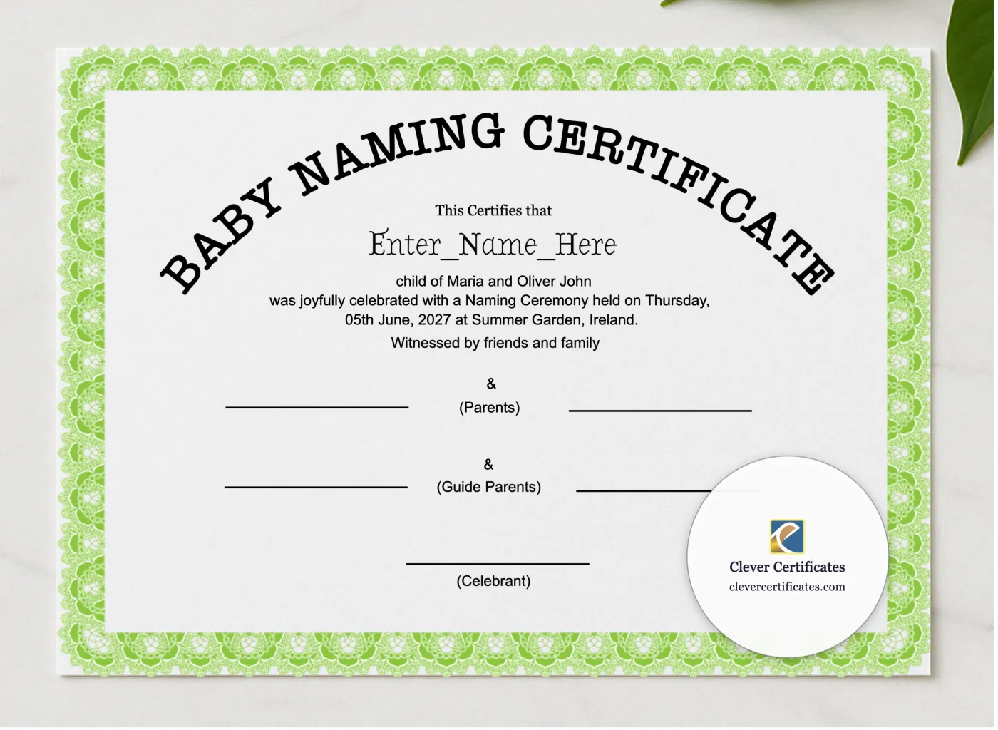 Ireland Baby Naming Certificate presented in a sleek wooden frame, elegantly arranged on a stylish table.
