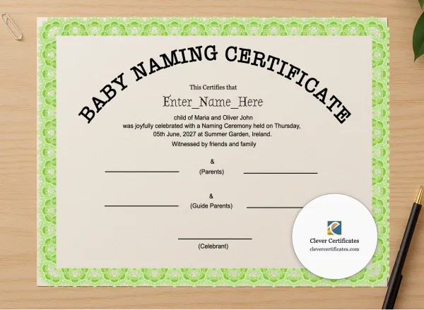 Professional preview of Ireland Baby Naming Certificate certificate on high-quality stationery paper, ideal for showcasing the final look.