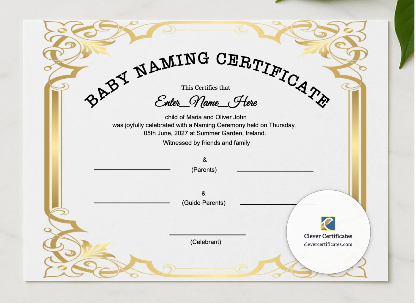 Baby Naming Day Certificate presented in a sleek wooden frame, elegantly arranged on a stylish table.