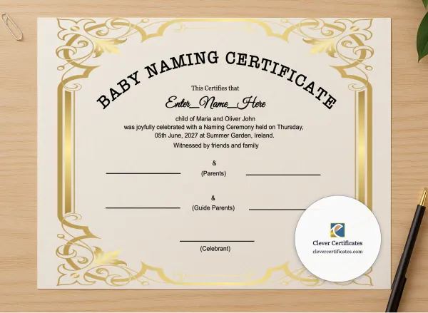 Professional preview of Baby Naming Day Certificate certificate on high-quality stationery paper, ideal for showcasing the final look.