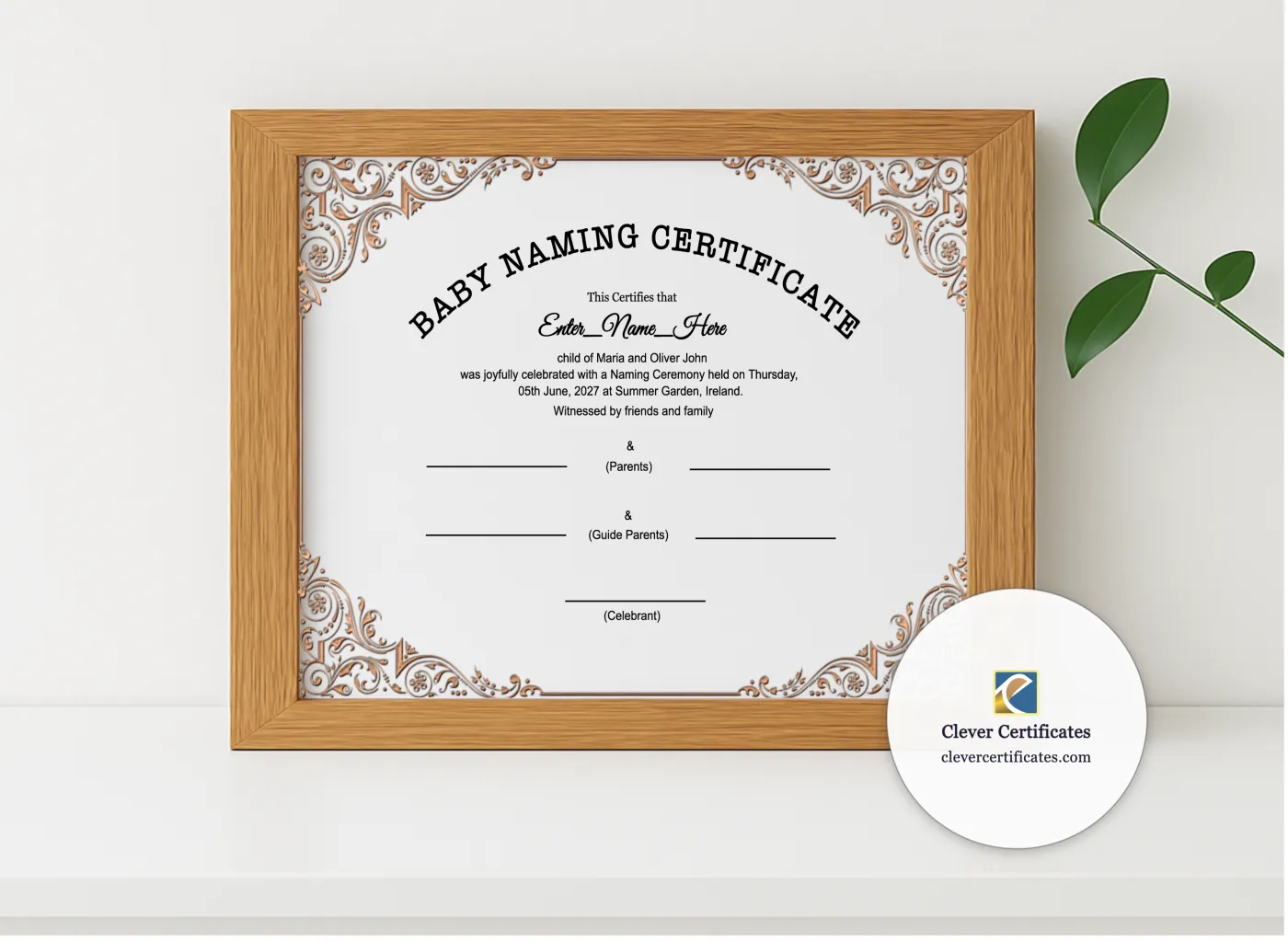 Realistic mockup featuring Baby Welcome Ceremony Certificate displayed within a modern frame, set against a minimalistic background.