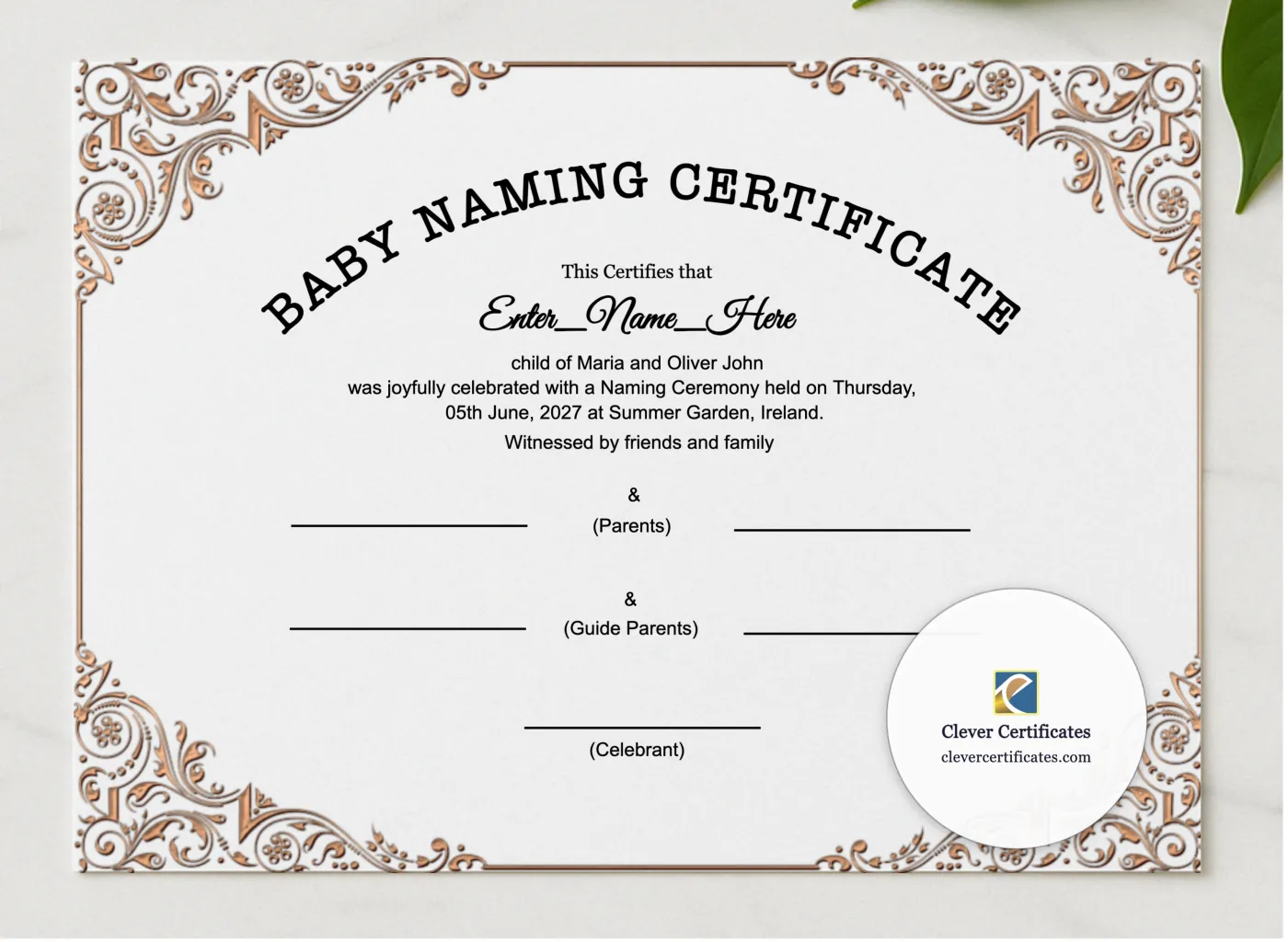 Baby Welcome Ceremony Certificate presented in a sleek wooden frame, elegantly arranged on a stylish table.