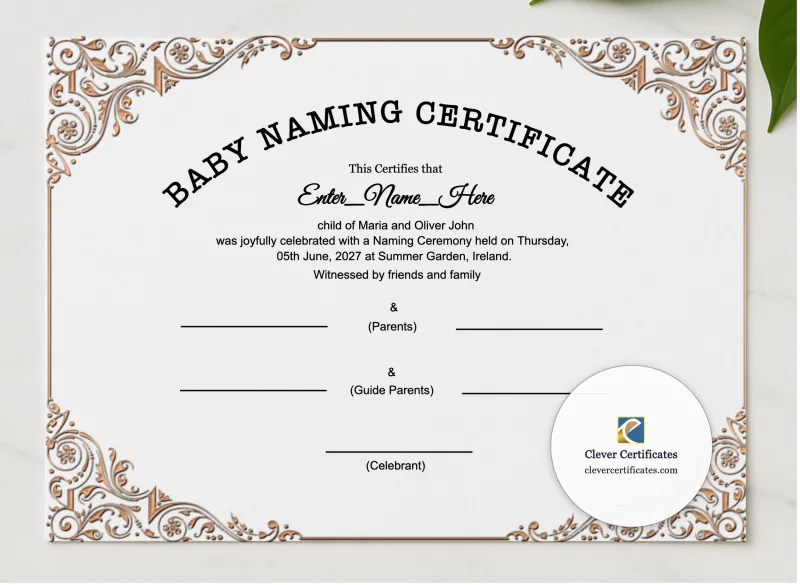 Baby Welcome Ceremony Certificate presented in a sleek wooden frame, elegantly arranged on a stylish table.