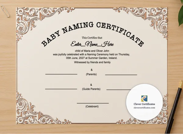 Professional preview of Baby Welcome Ceremony Certificate certificate on high-quality stationery paper, ideal for showcasing the final look.