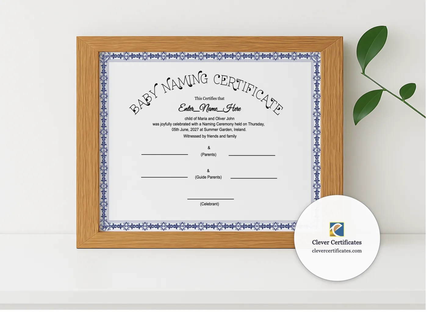 Realistic mockup featuring Humanist Baby Naming Certificate displayed within a modern frame, set against a minimalistic background.