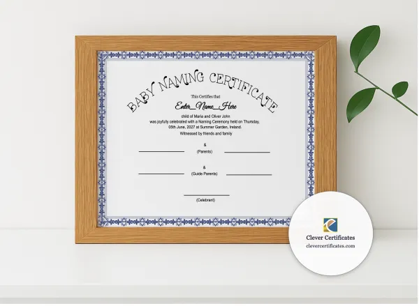 Realistic mockup featuring Humanist Baby Naming Certificate displayed within a modern frame, set against a minimalistic background.