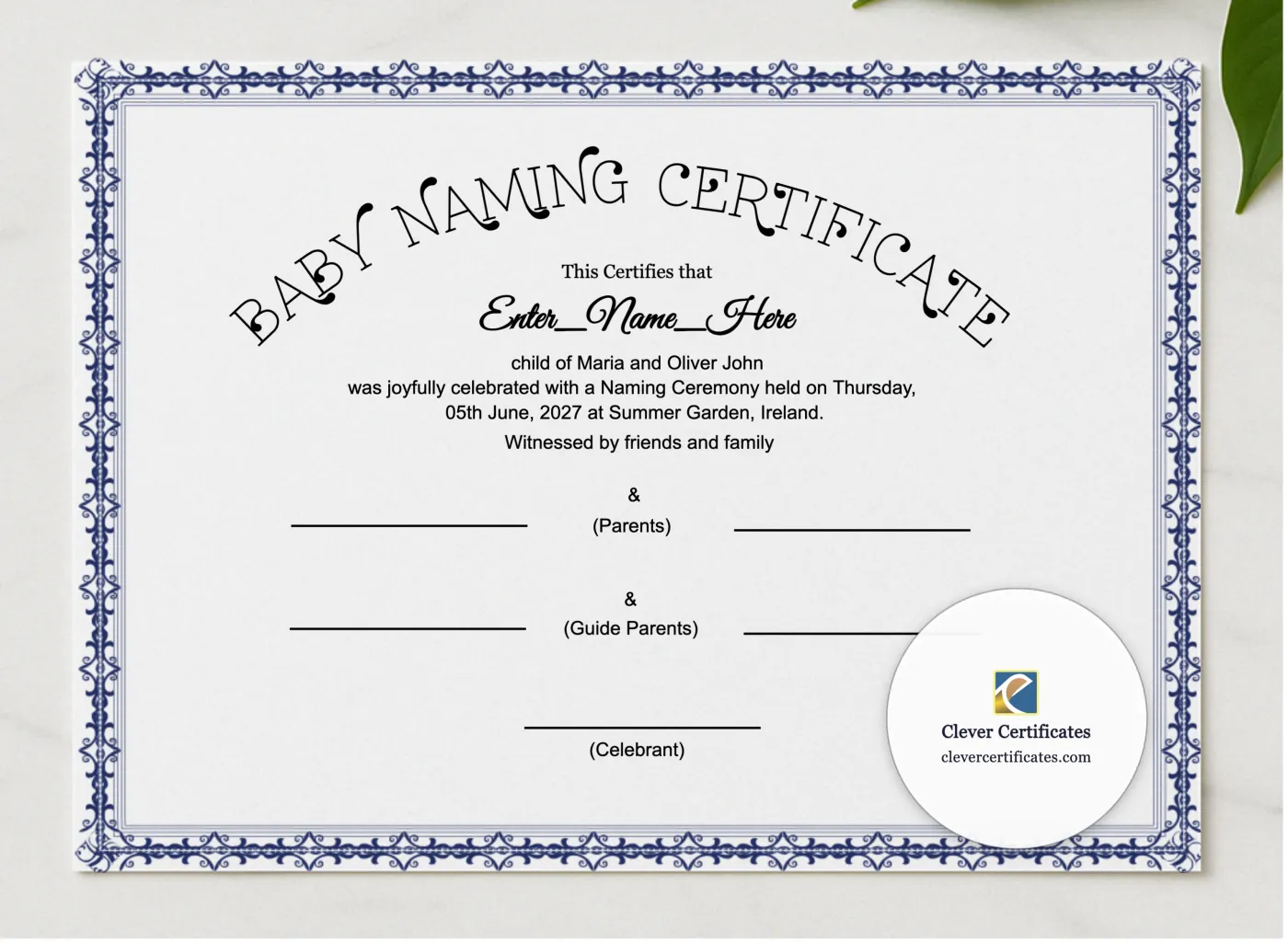 Humanist Baby Naming Certificate presented in a sleek wooden frame, elegantly arranged on a stylish table.