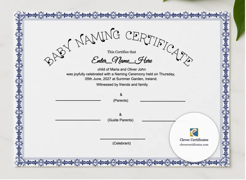 Humanist Baby Naming Certificate presented in a sleek wooden frame, elegantly arranged on a stylish table.