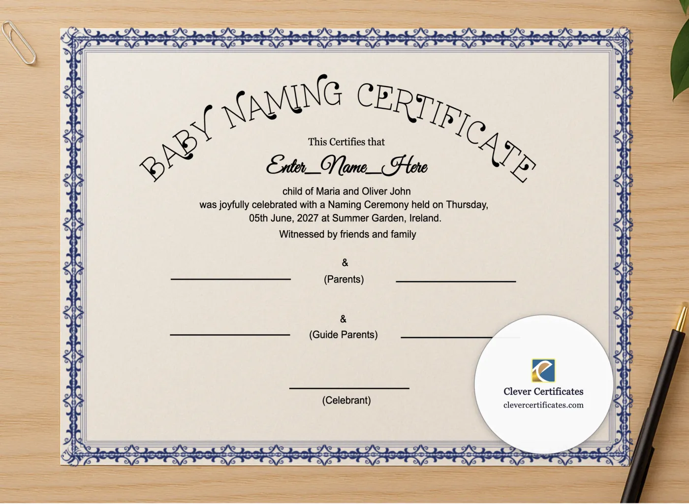 Professional preview of Humanist Baby Naming Certificate certificate on high-quality stationery paper, ideal for showcasing the final look.