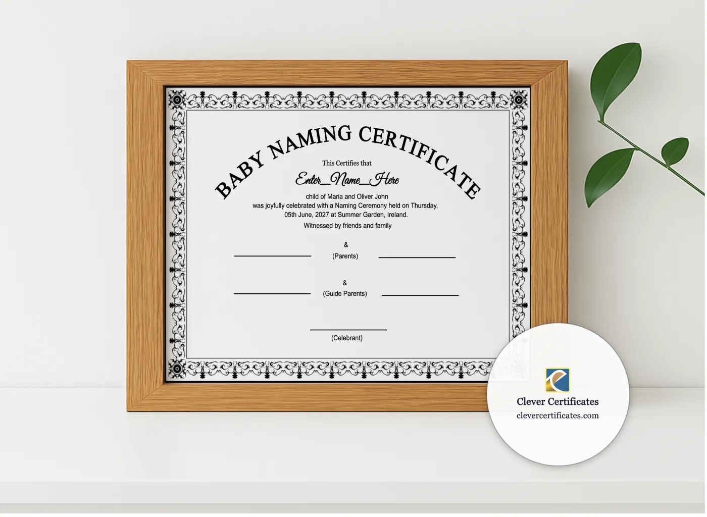 Realistic mockup featuring Secular Baby Naming Ceremony Certificate displayed within a modern frame, set against a minimalistic background.
