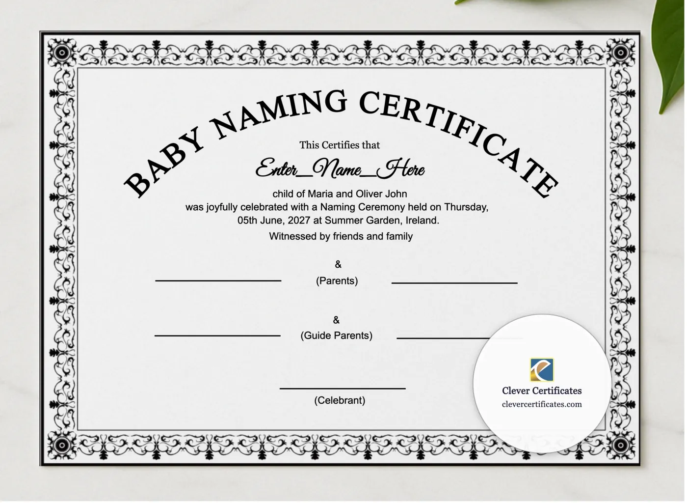 Secular Baby Naming Ceremony Certificate presented in a sleek wooden frame, elegantly arranged on a stylish table.