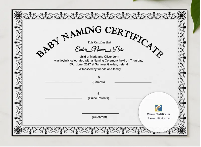 Secular Baby Naming Ceremony Certificate presented in a sleek wooden frame, elegantly arranged on a stylish table.
