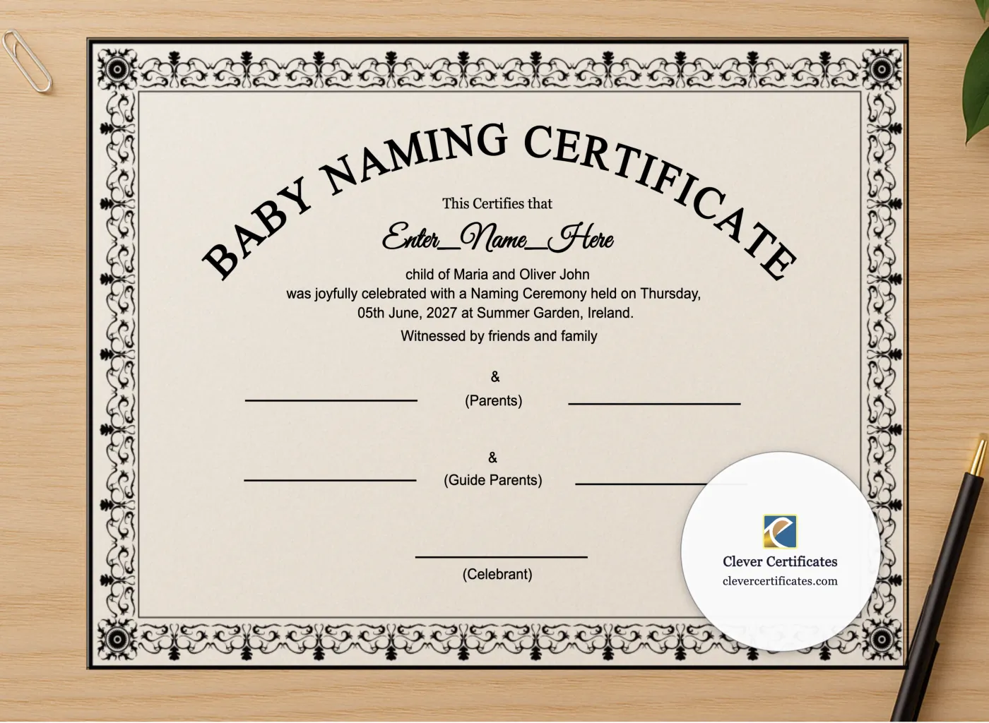 Professional preview of Secular Baby Naming Ceremony Certificate certificate on high-quality stationery paper, ideal for showcasing the final look.