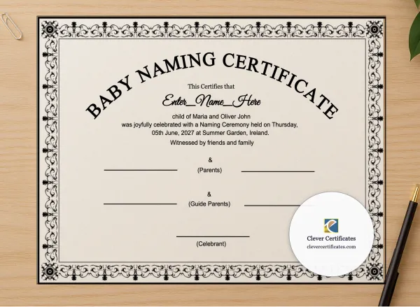 Professional preview of Secular Baby Naming Ceremony Certificate certificate on high-quality stationery paper, ideal for showcasing the final look.