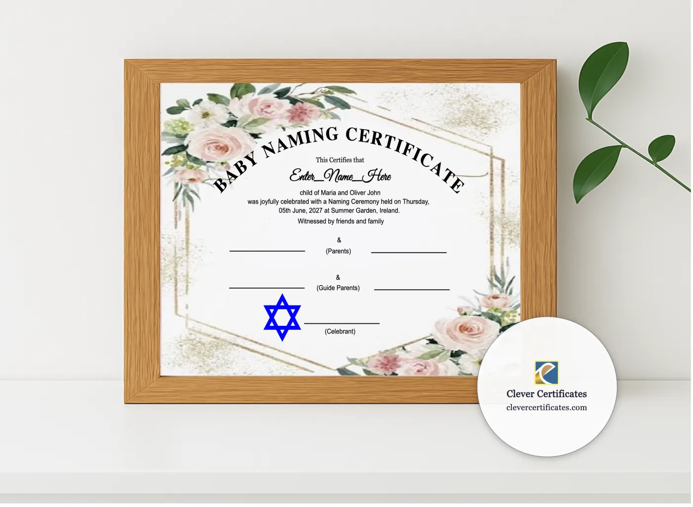Realistic mockup featuring Jewish Baby Naming Certificate displayed within a modern frame, set against a minimalistic background.
