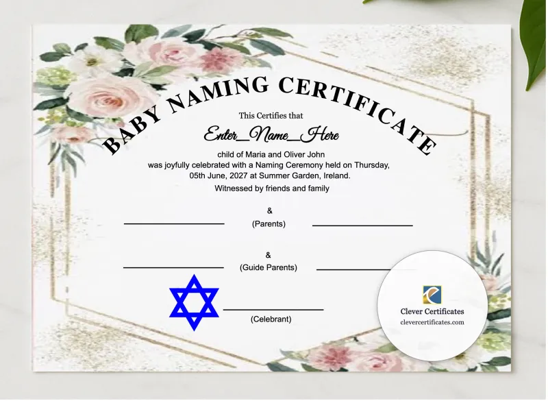 Jewish Baby Naming Certificate presented in a sleek wooden frame, elegantly arranged on a stylish table.