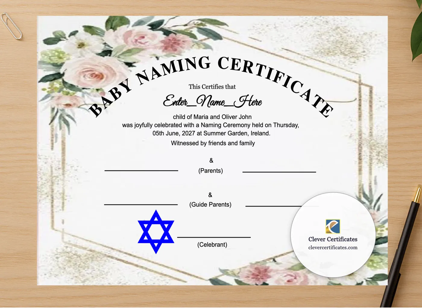 Professional preview of Jewish Baby Naming Certificate certificate on high-quality stationery paper, ideal for showcasing the final look.