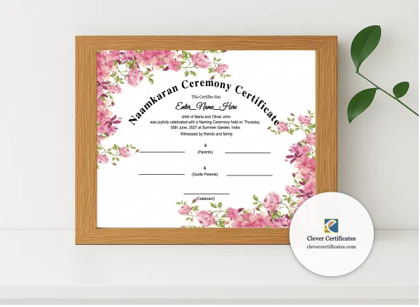 Realistic mockup featuring Hindu Naamkaran Ceremony Certificate displayed within a modern frame, set against a minimalistic background.