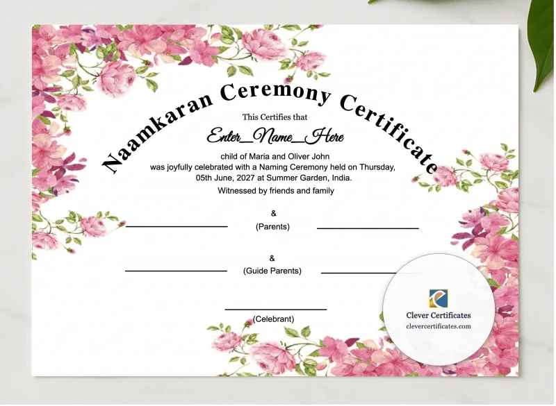 Hindu Naamkaran Ceremony Certificate presented in a sleek wooden frame, elegantly arranged on a stylish table.