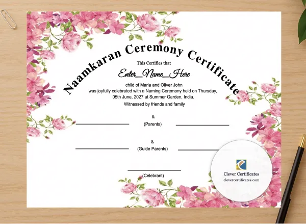 Professional preview of Hindu Naamkaran Ceremony Certificate certificate on high-quality stationery paper, ideal for showcasing the final look.