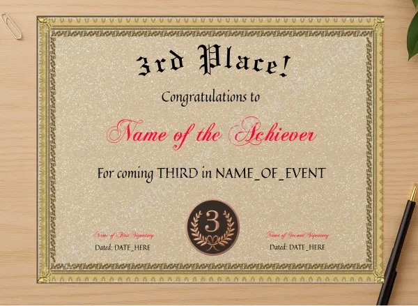 Professional preview of 3rd Place Award certificate on high-quality stationery paper, ideal for showcasing the final look.