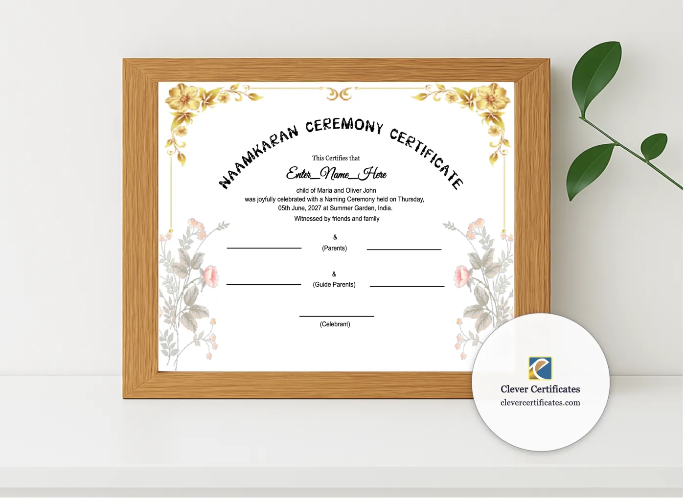 Realistic mockup featuring Sikh Naming Ceremony Certificate displayed within a modern frame, set against a minimalistic background.