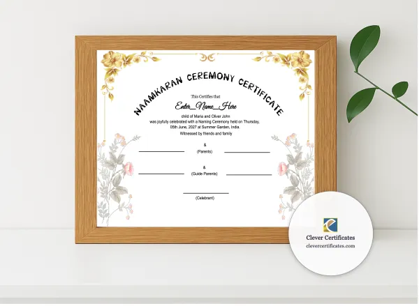 Realistic mockup featuring Sikh Naming Ceremony Certificate displayed within a modern frame, set against a minimalistic background.