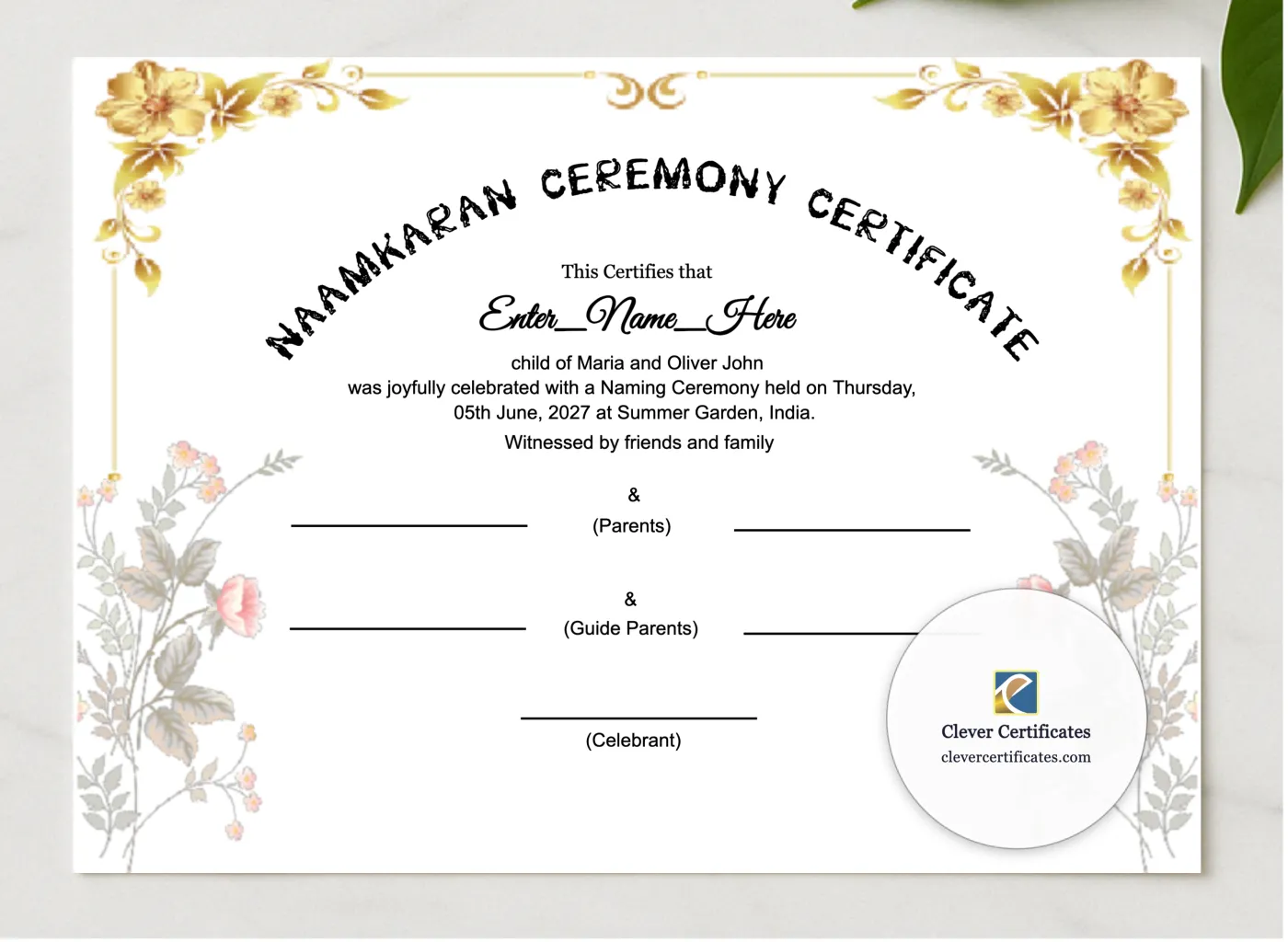 Sikh Naming Ceremony Certificate presented in a sleek wooden frame, elegantly arranged on a stylish table.