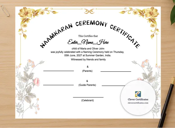 Professional preview of Sikh Naming Ceremony Certificate certificate on high-quality stationery paper, ideal for showcasing the final look.