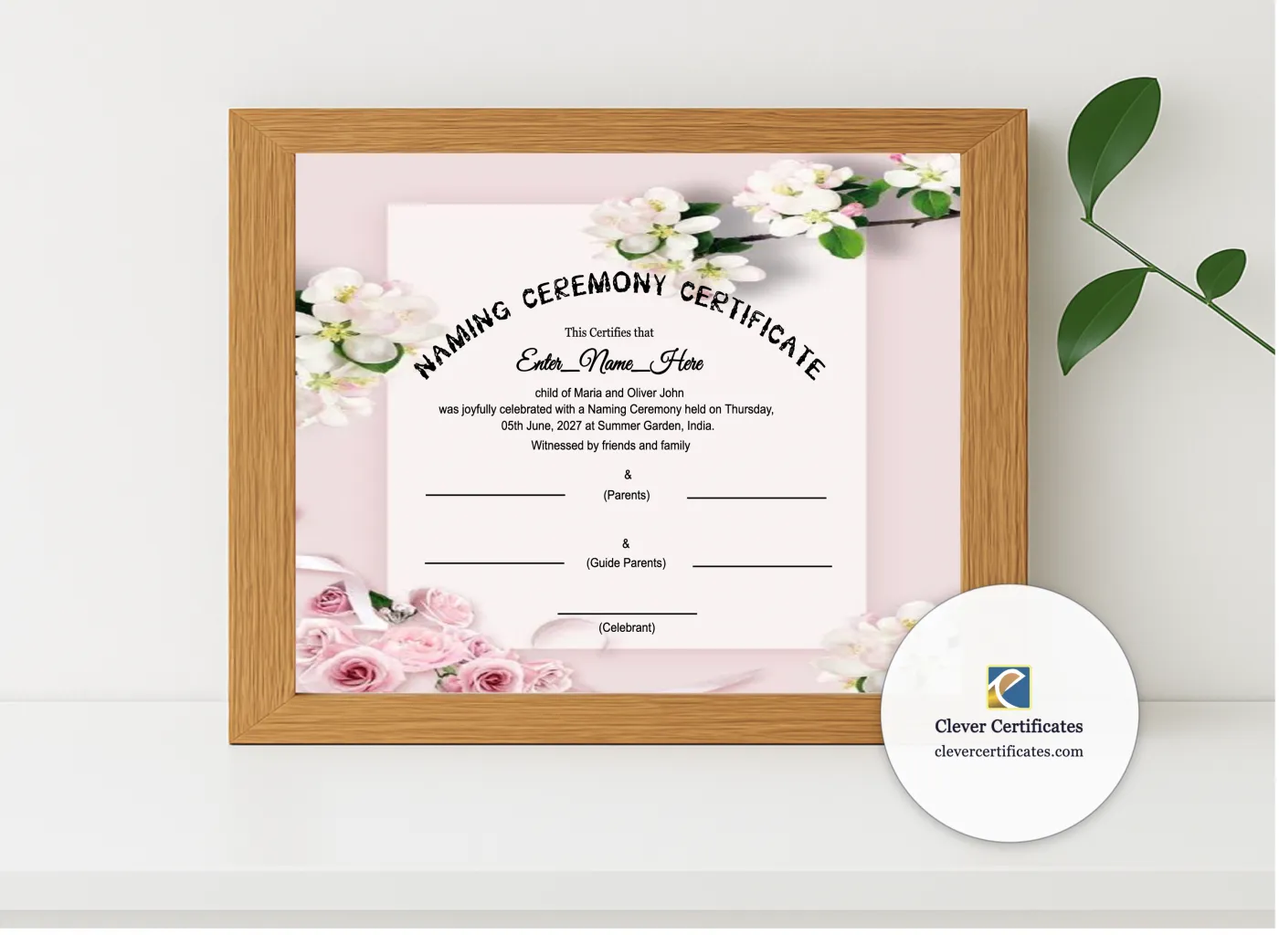 Realistic mockup featuring African Naming Ceremony Certificate displayed within a modern frame, set against a minimalistic background.