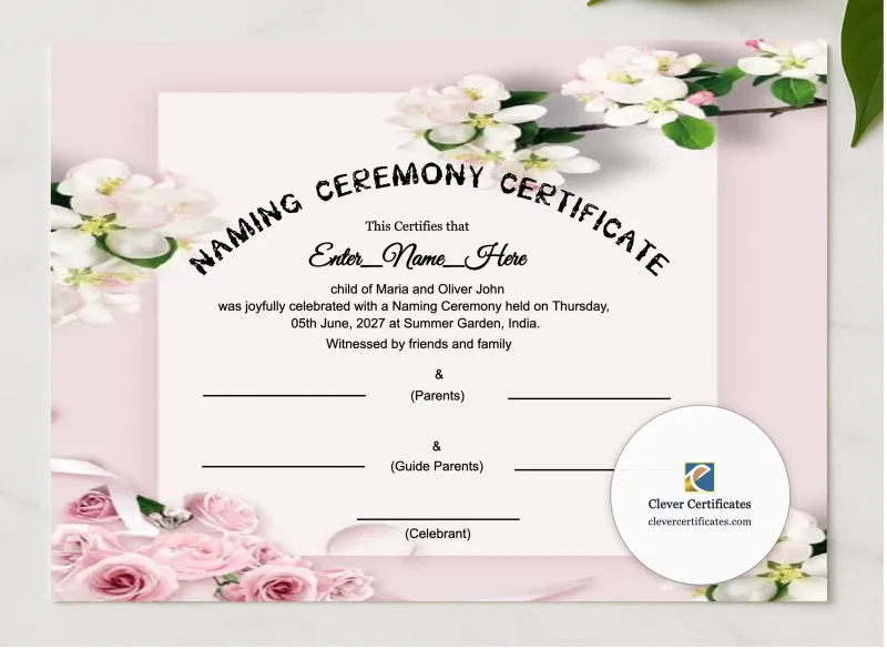 African Naming Ceremony Certificate presented in a sleek wooden frame, elegantly arranged on a stylish table.