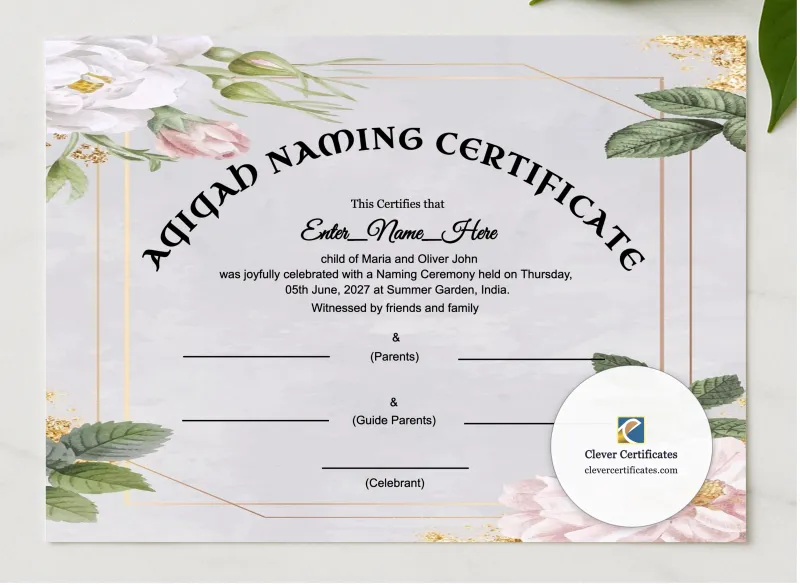 Islamic Aqiqah Naming Certificate presented in a sleek wooden frame, elegantly arranged on a stylish table.