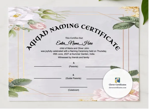 Islamic Aqiqah Naming Certificate presented in a sleek wooden frame, elegantly arranged on a stylish table.