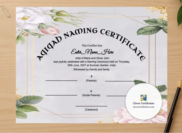 Professional preview of Islamic Aqiqah Naming Certificate certificate on high-quality stationery paper, ideal for showcasing the final look.