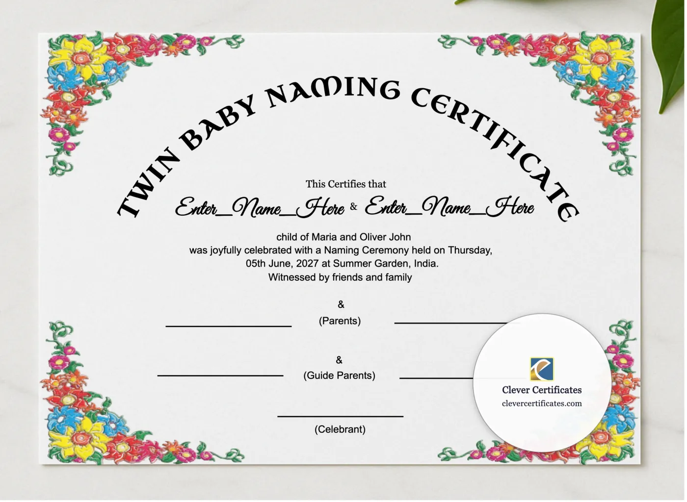 Twin Baby Naming Certificate presented in a sleek wooden frame, elegantly arranged on a stylish table.