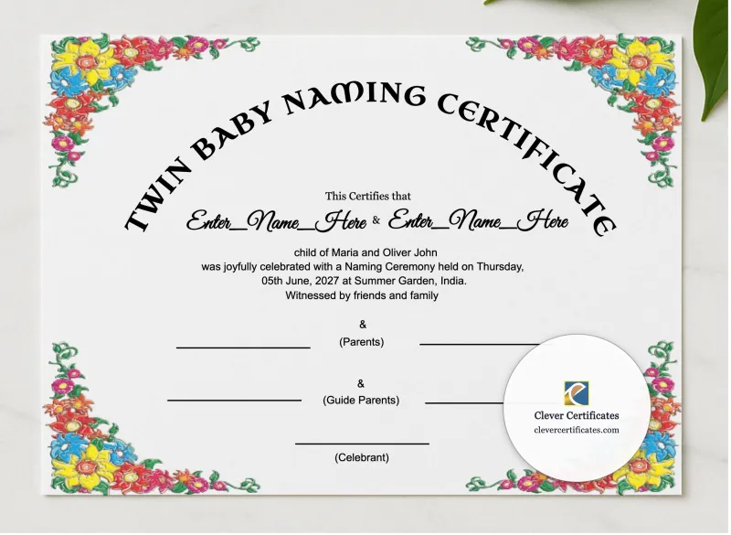 Twin Baby Naming Certificate presented in a sleek wooden frame, elegantly arranged on a stylish table.