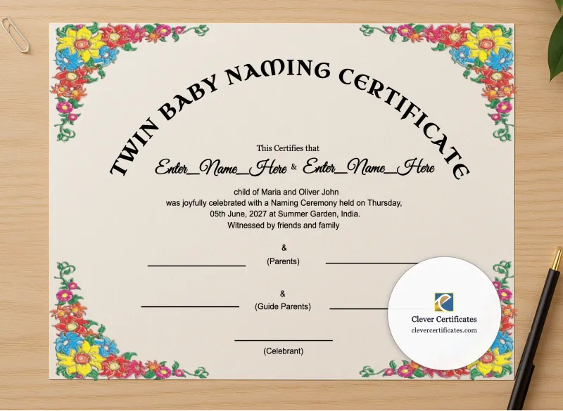 Professional preview of Twin Baby Naming Certificate certificate on high-quality stationery paper, ideal for showcasing the final look.